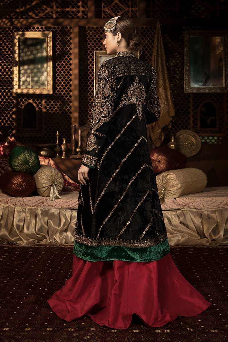 Black Velvet Embroidered Jacket with Red Raw Silk Gown (2-Piece) - Image 2