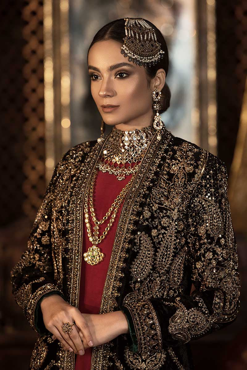 Black Velvet Embroidered Jacket with Red Raw Silk Gown (2-Piece) - Image 3