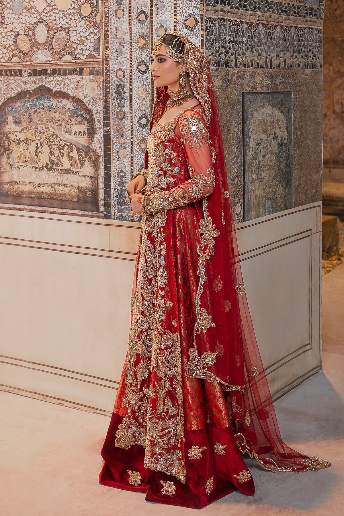 Deep Red Embellished Velvet Bridal Gown (2-Piece) - Image 2