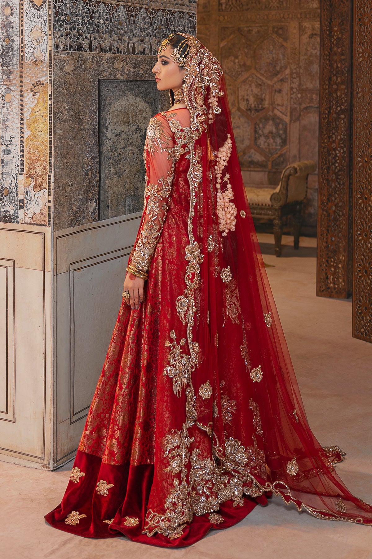 Deep Red Embellished Velvet Bridal Gown (2-Piece) - Image 3