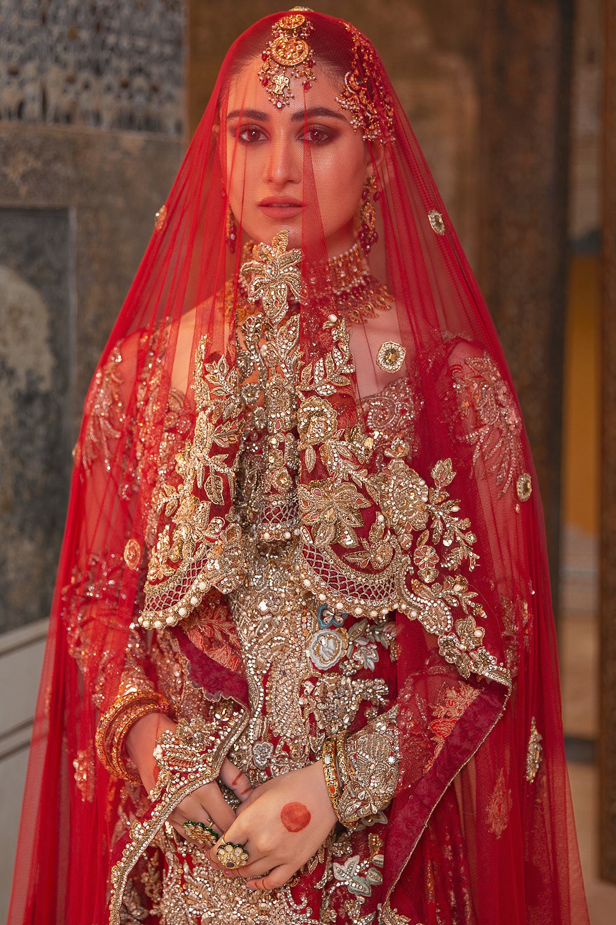 Deep Red Embellished Velvet Bridal Gown (2-Piece) - Image 4