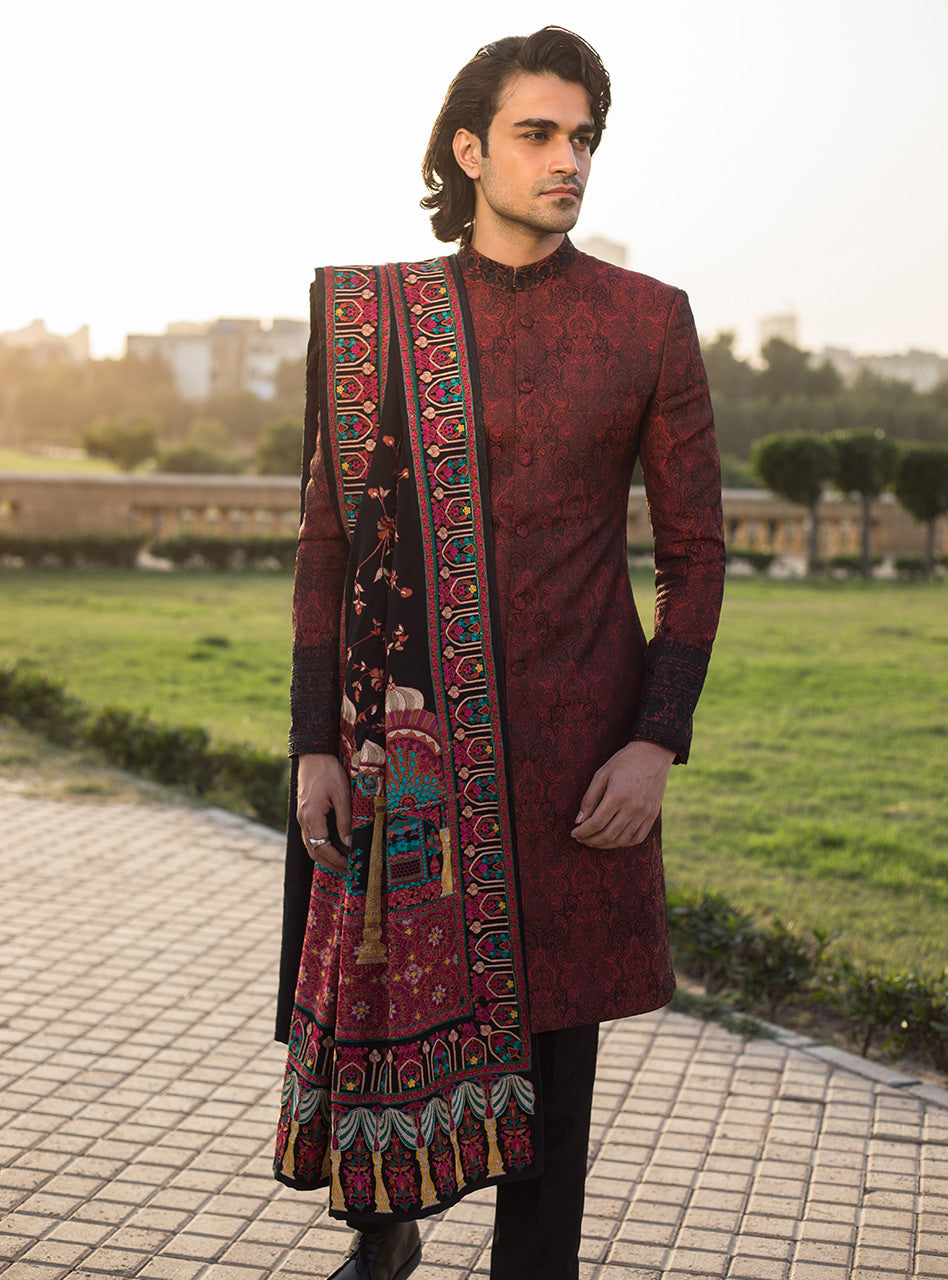 Red Jacquard Sherwani with Black Embroidery (3-Piece) - Image 2