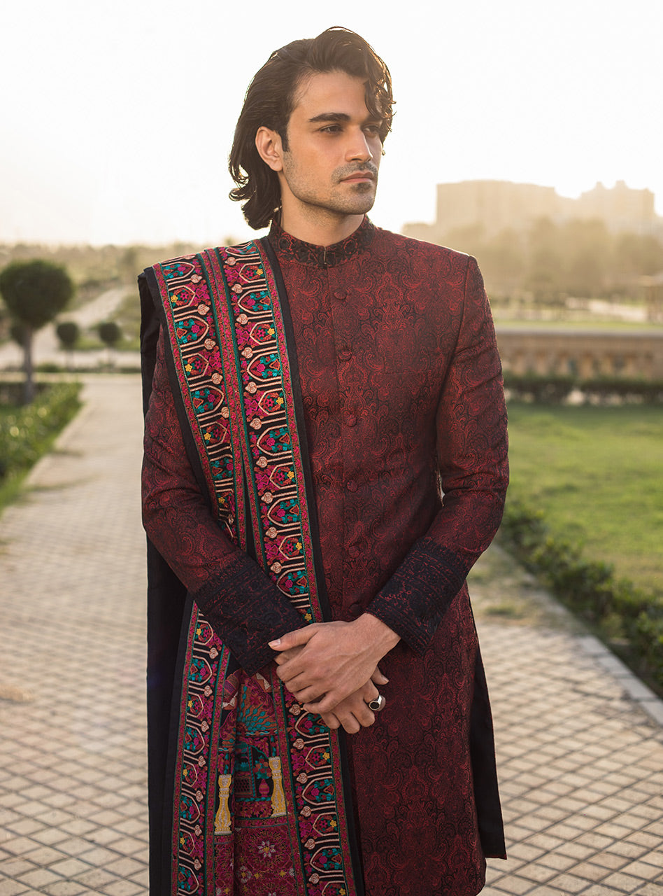 Red Jacquard Sherwani with Black Embroidery (3-Piece) - Image 3