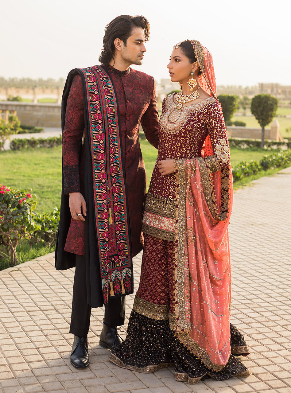 Red Jacquard Sherwani with Black Embroidery (3-Piece) - Image 4