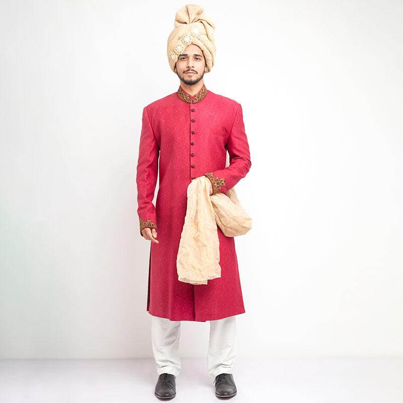 Melon Red Zardozi Pure Jamavar Sherwani (3-Piece) - Image 1