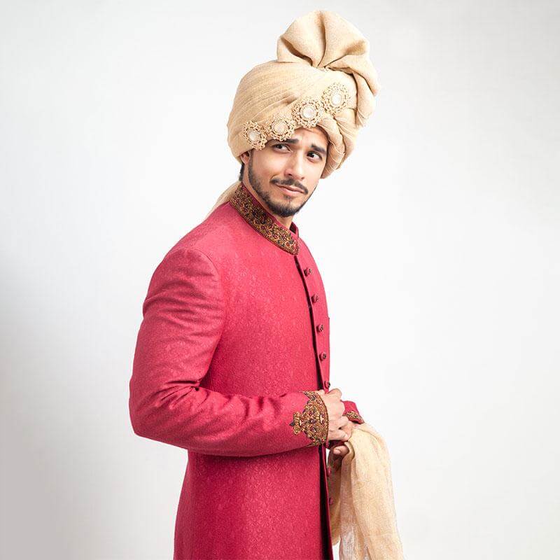 Melon Red Zardozi Pure Jamavar Sherwani (3-Piece) - Image 2