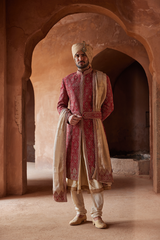 Red Matka Silk Sherwani with Kalidar Kurta (3-Piece) - Image 2