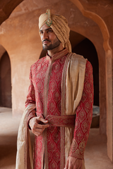 Red Matka Silk Sherwani with Kalidar Kurta (3-Piece) - Image 3