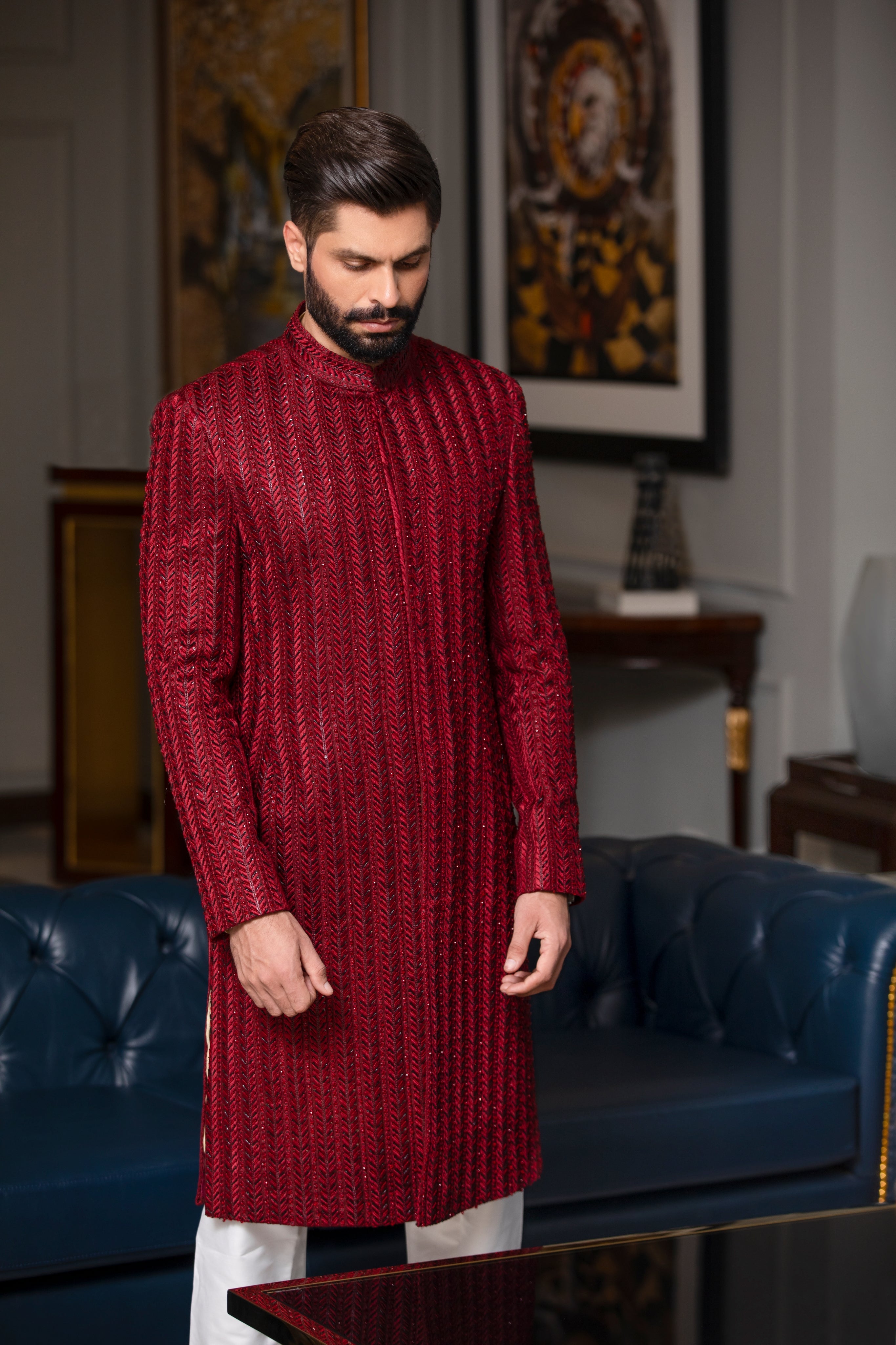 Deep Red Hand-Embroidered Silk-Blend Sherwani (2-Piece) - Image 1