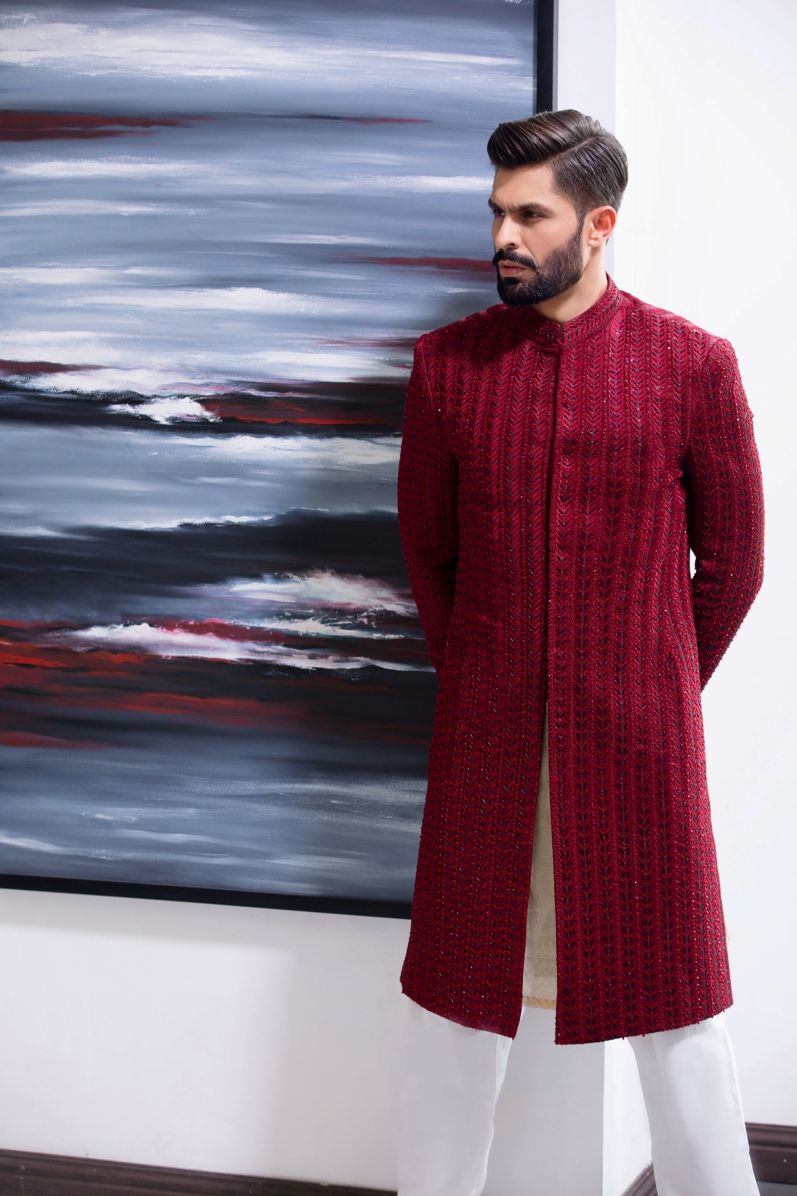 Deep Red Hand-Embroidered Silk-Blend Sherwani (2-Piece) - Image 2