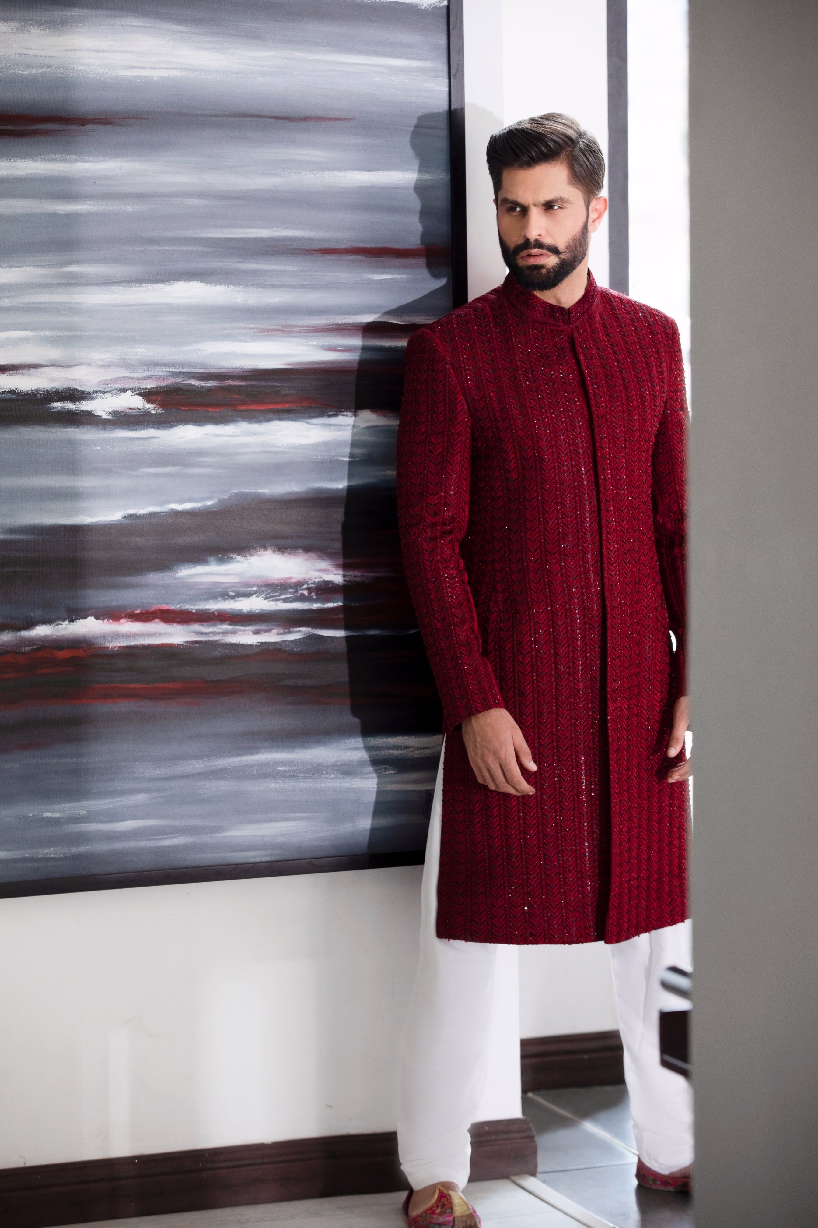 Deep Red Hand-Embroidered Silk-Blend Sherwani (2-Piece) - Image 3