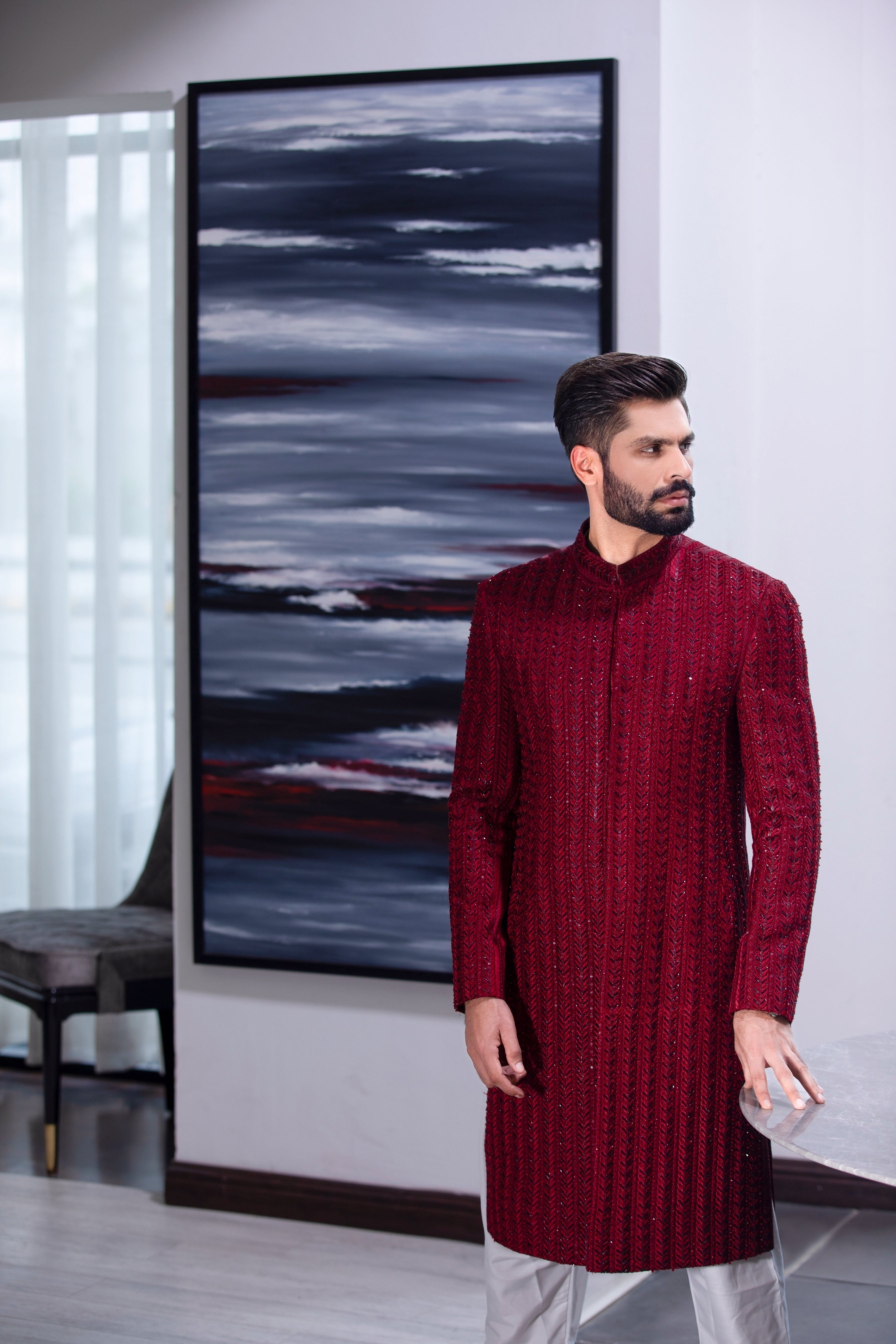 Deep Red Hand-Embroidered Silk-Blend Sherwani (2-Piece) - Image 4