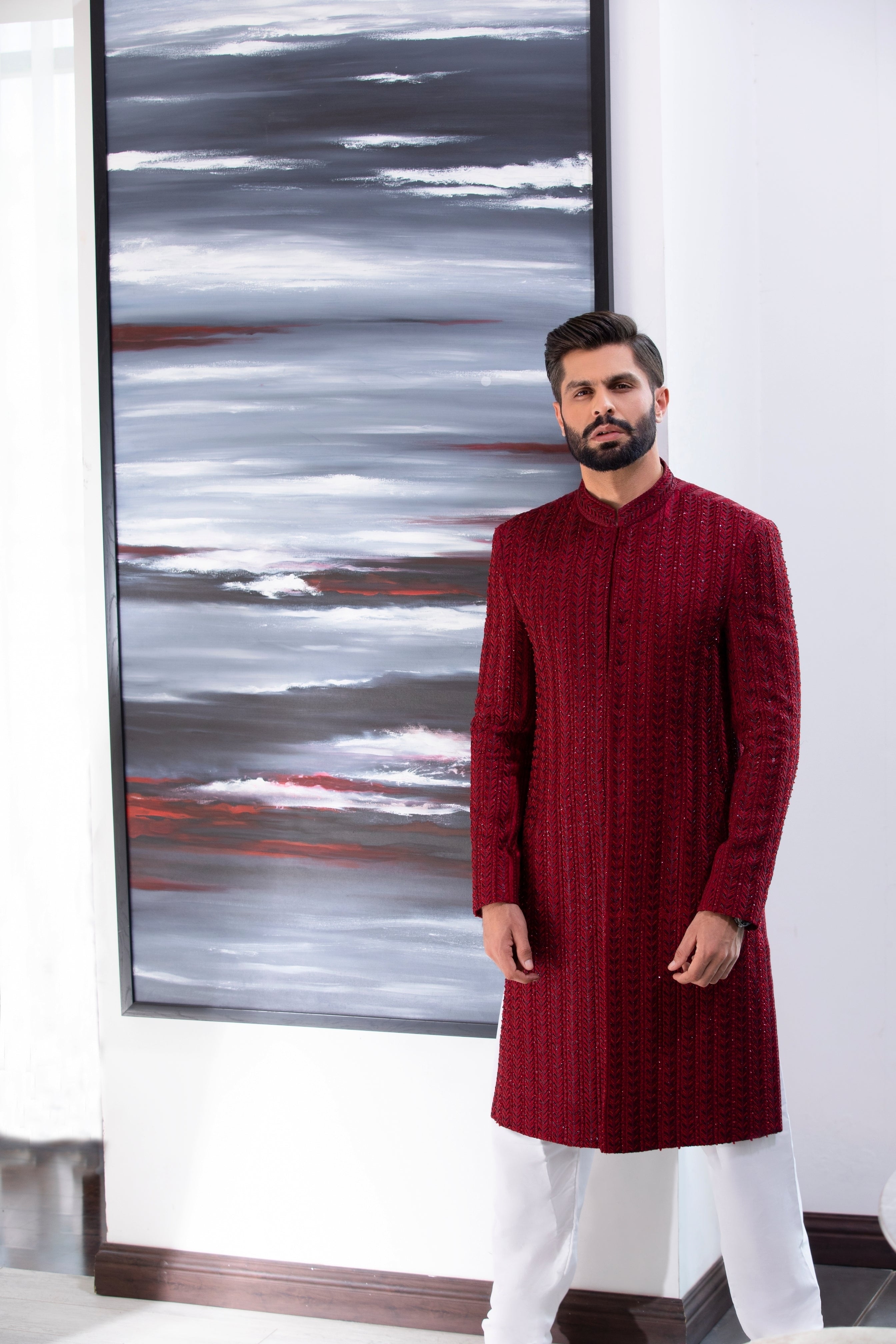 Deep Red Hand-Embroidered Silk-Blend Sherwani (2-Piece) - Image 5