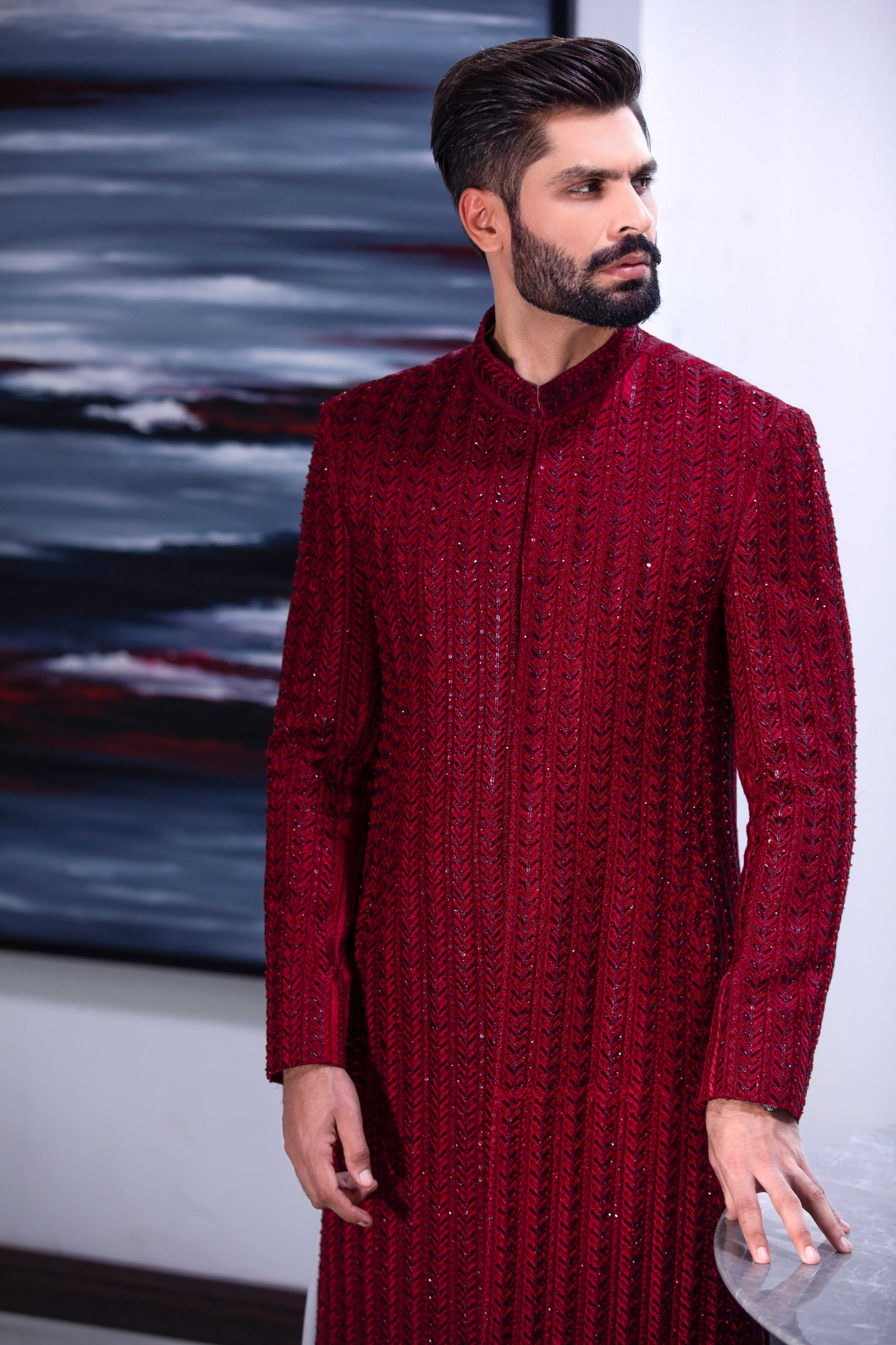 Deep Red Hand-Embroidered Silk-Blend Sherwani (2-Piece) - Image 6
