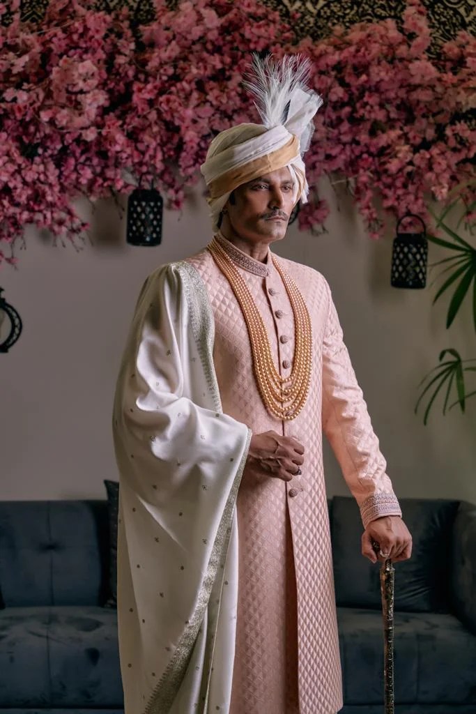 Salmon Red Quilted Silk-Blend Groom Sherwani (3-Piece) - Image 1