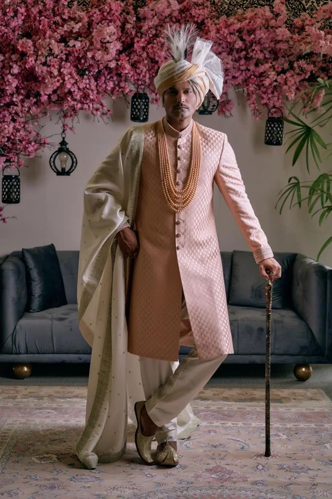 Salmon Red Quilted Silk-Blend Groom Sherwani (3-Piece) - Image 2