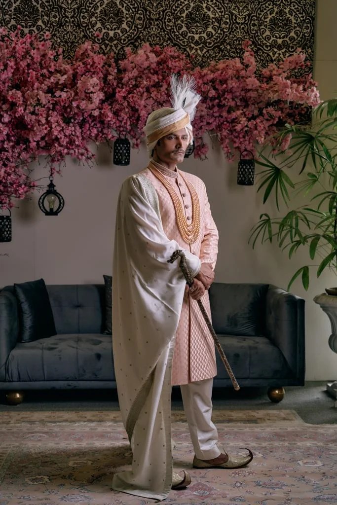 Salmon Red Quilted Silk-Blend Groom Sherwani (3-Piece) - Image 4