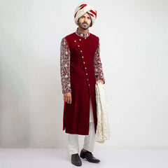 Burnt Red Zardozi Velvet Groom Sherwani (3-Piece) - Image 2
