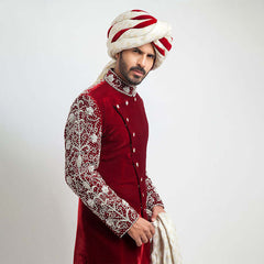 Burnt Red Zardozi Velvet Groom Sherwani (3-Piece) - Image 3