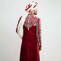 Burnt Red Zardozi Velvet Groom Sherwani (3-Piece) - Image 5