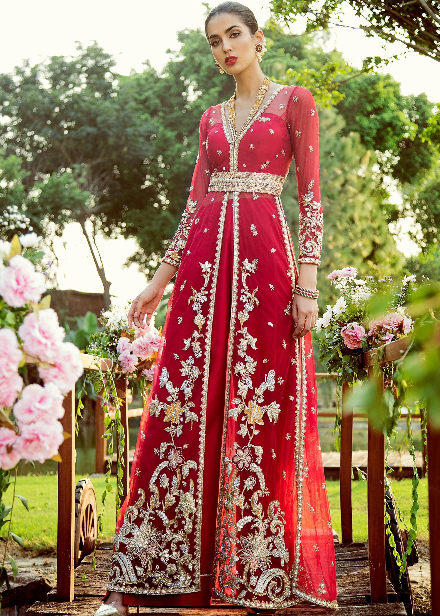 Pakistani Red Embroidered Net & Silk Jacket with Pants (2-Piece) - Image 2