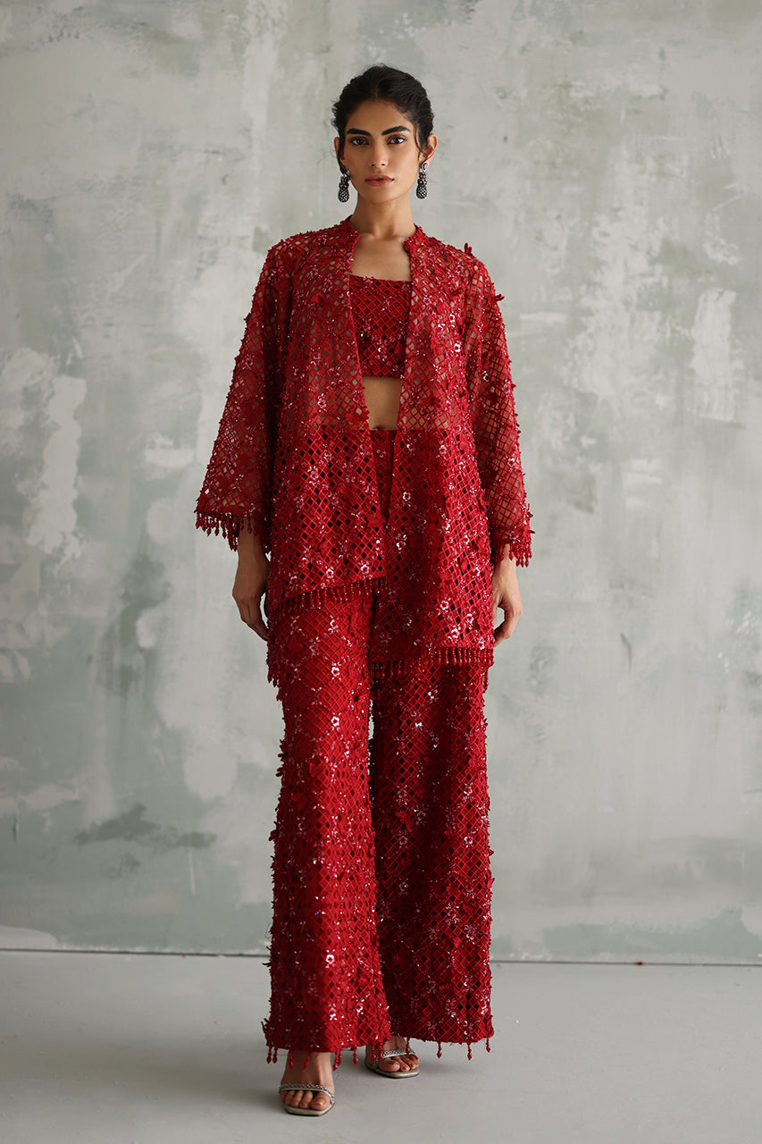 Pakistani Red Beaded Cutwork Organza Jacket Cami Culottes (3-Piece) - Image 1