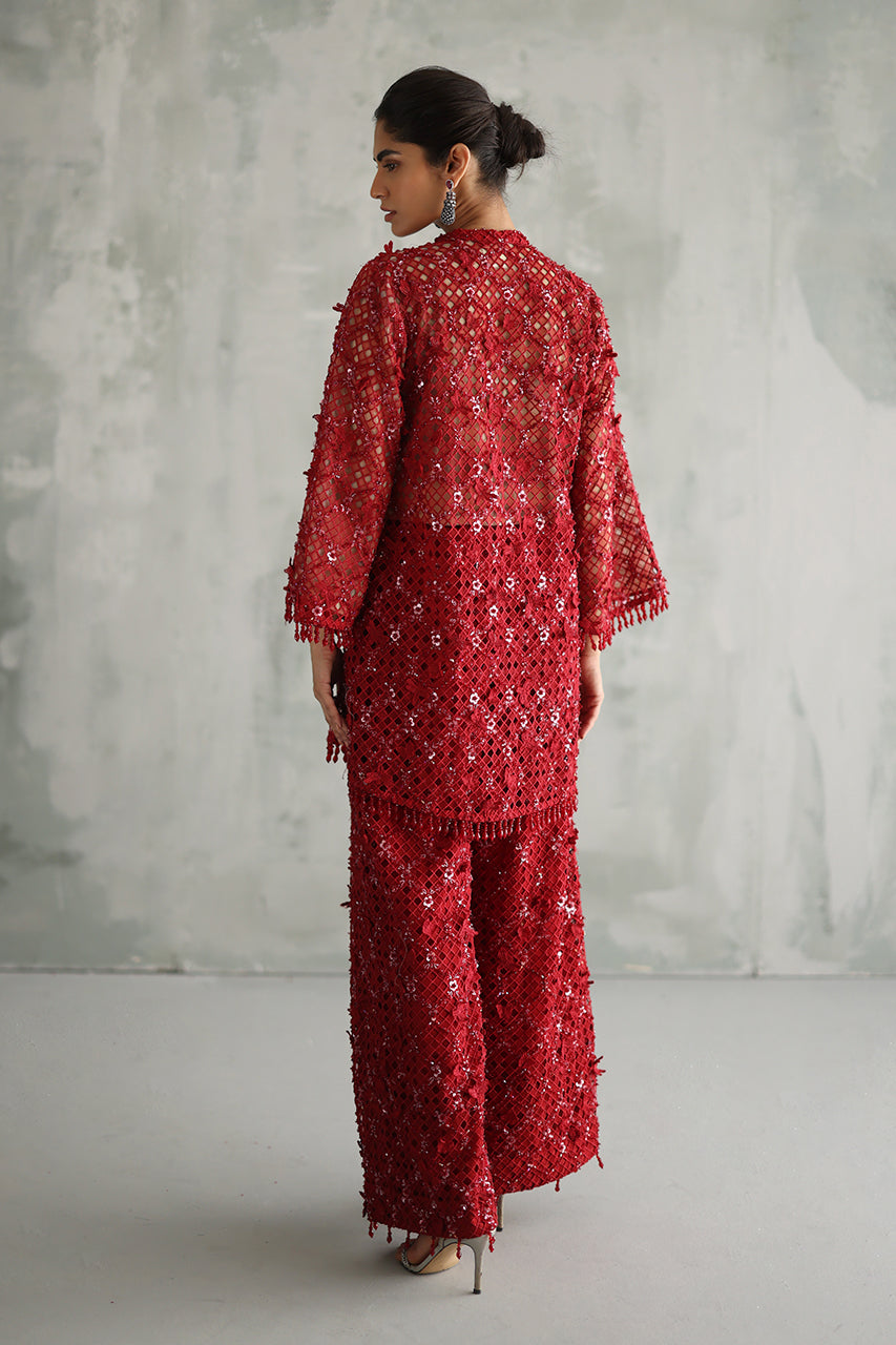 Pakistani Red Beaded Cutwork Organza Jacket Cami Culottes (3-Piece) - Image 2