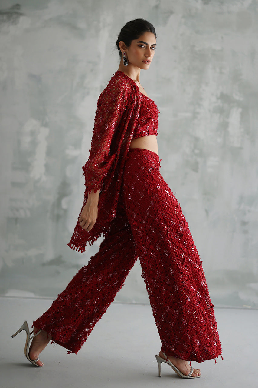 Pakistani Red Beaded Cutwork Organza Jacket Cami Culottes (3-Piece) - Image 4