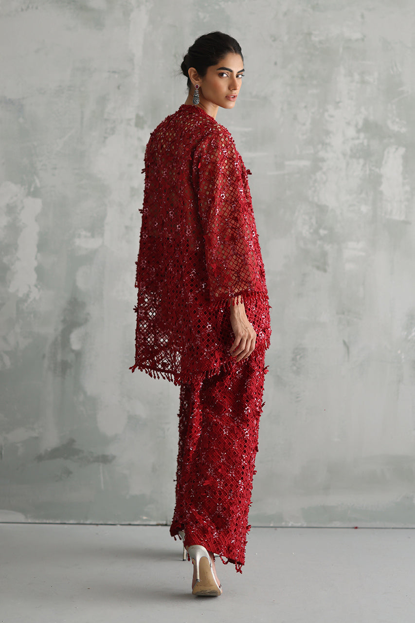 Pakistani Red Beaded Cutwork Organza Jacket Cami Culottes (3-Piece) - Image 5