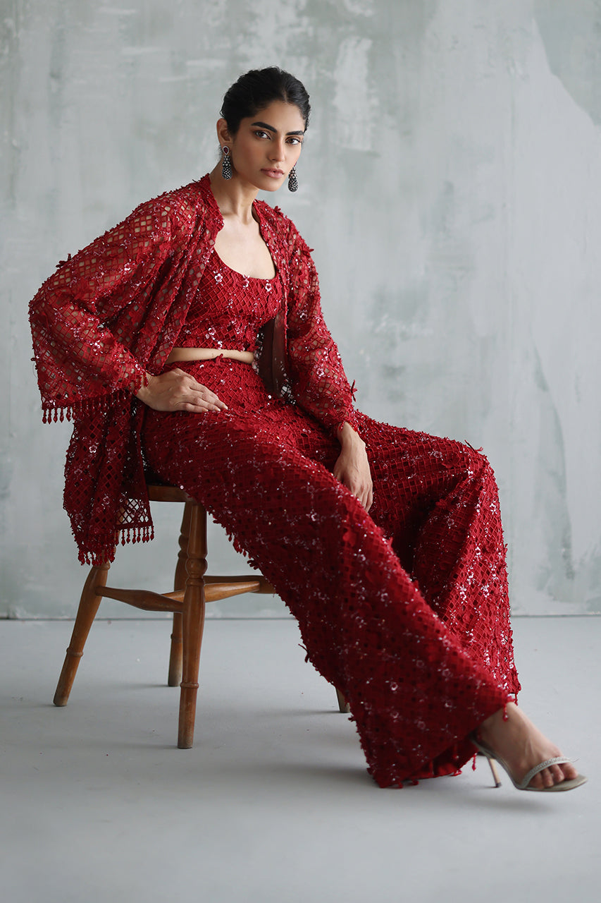 Pakistani Red Beaded Cutwork Organza Jacket Cami Culottes (3-Piece) - Image 6