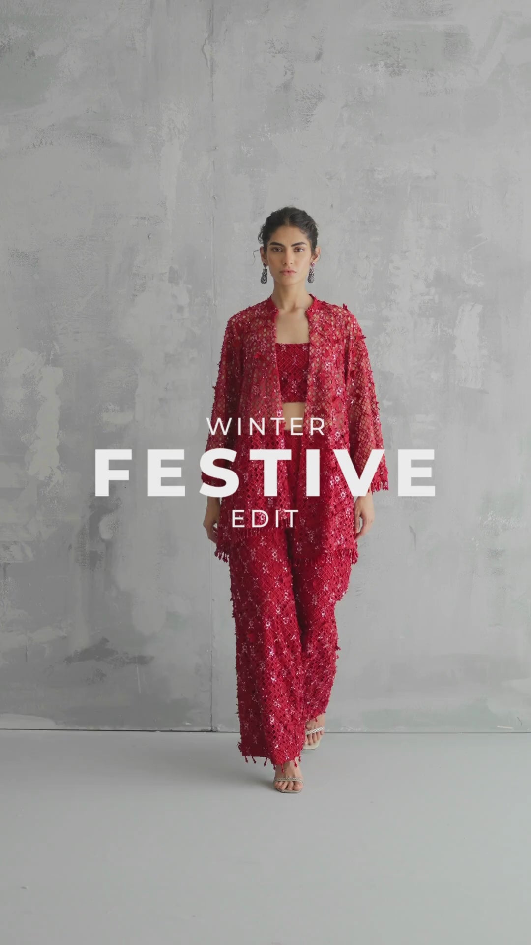 Pakistani Red Beaded Cutwork Organza Jacket Cami Culottes (3-Piece) - Image 7