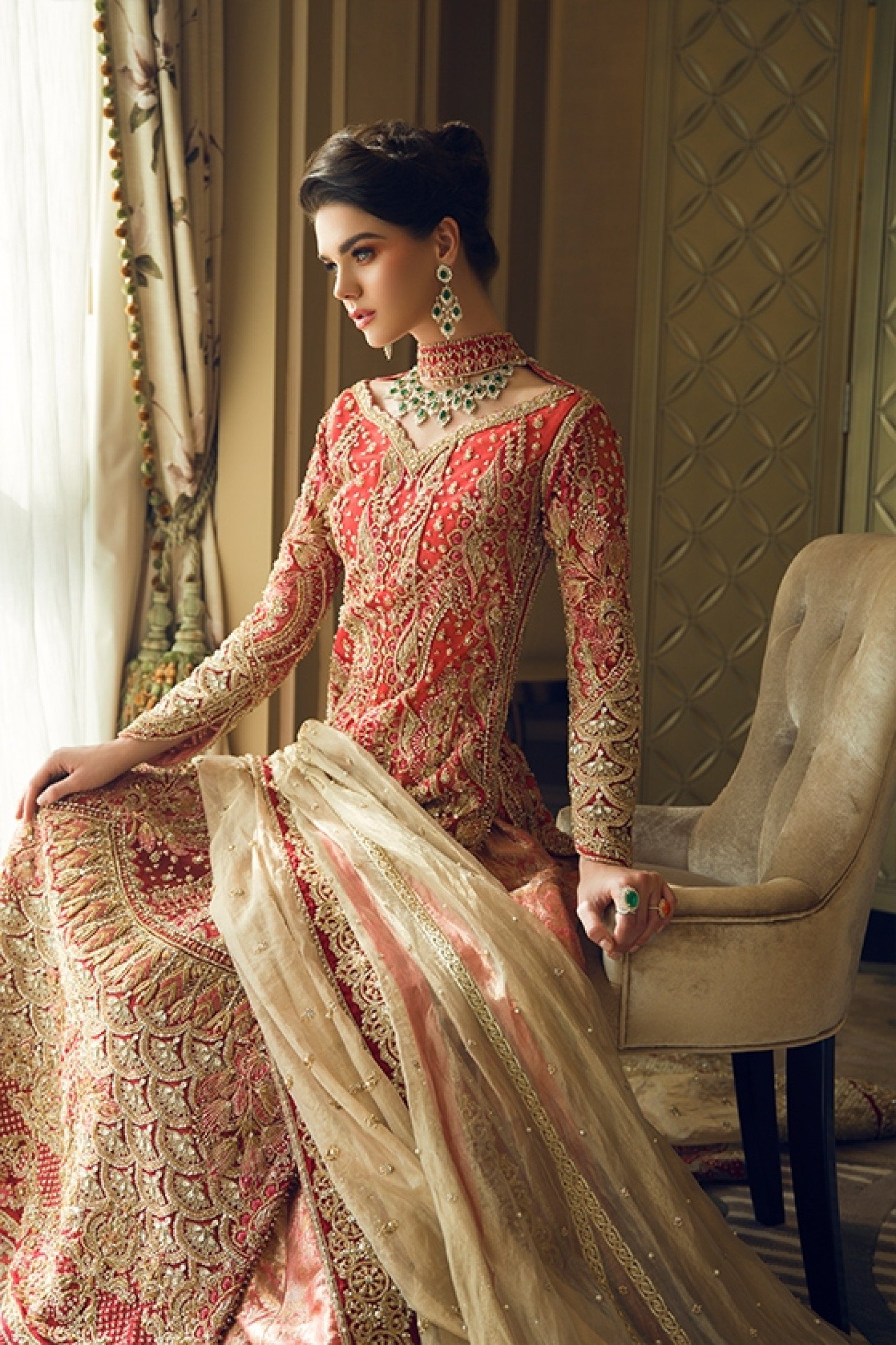 Pakistani Red Embellished Silk Jacket Dress (3-Piece) - Image 1