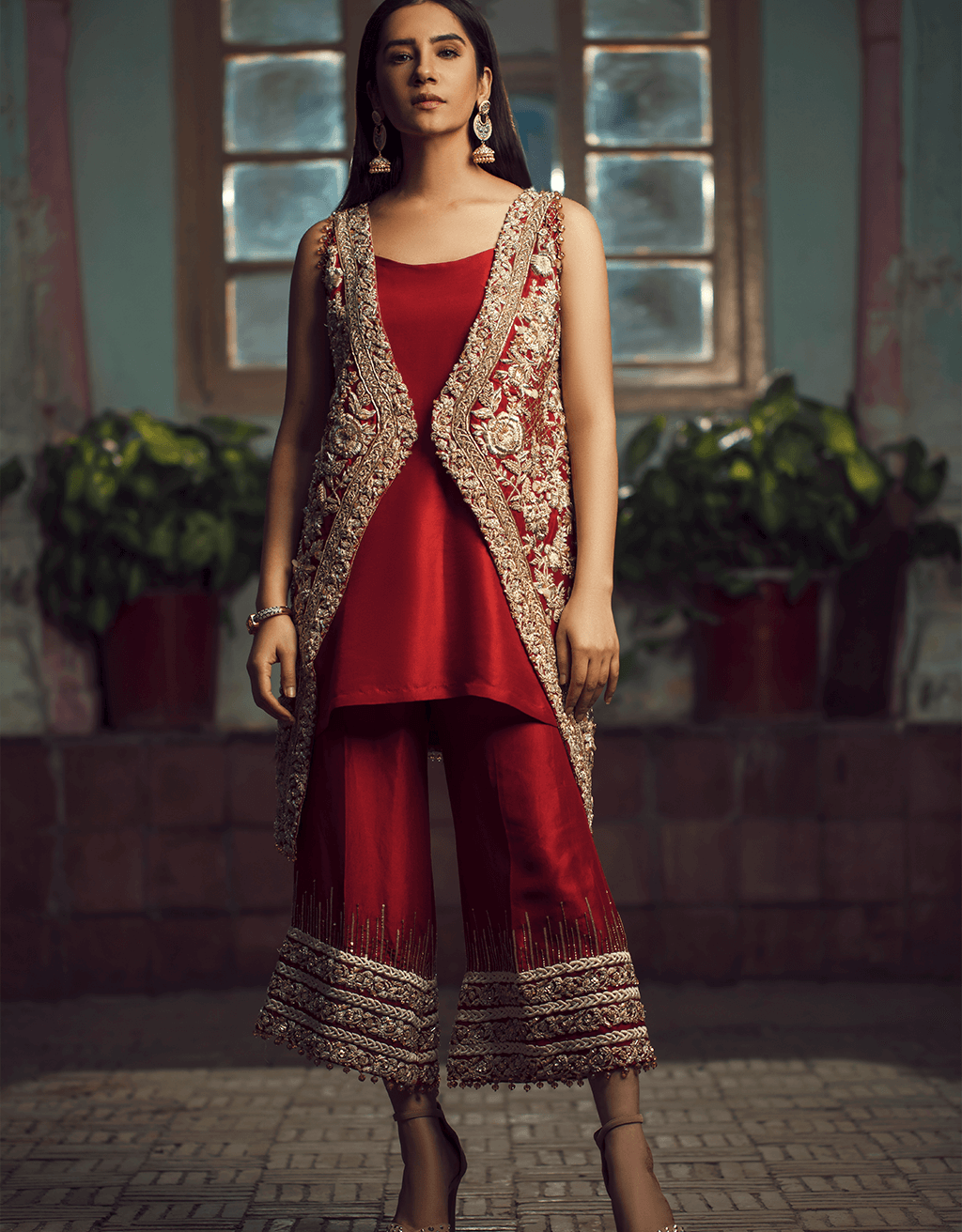 Pomegranate Red Embellished Silk Jacket Set (2-Piece) - Image 1