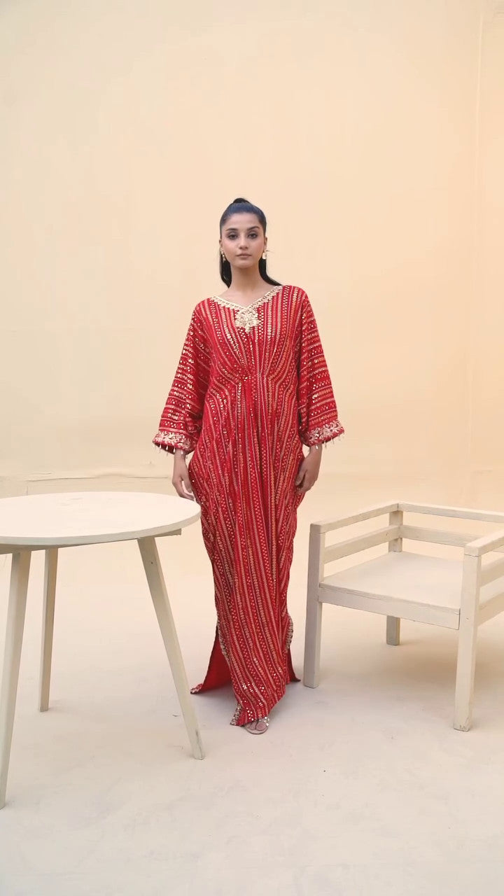 Red Embroidered Chiffon Kaftan (1-Pc) - Image 10