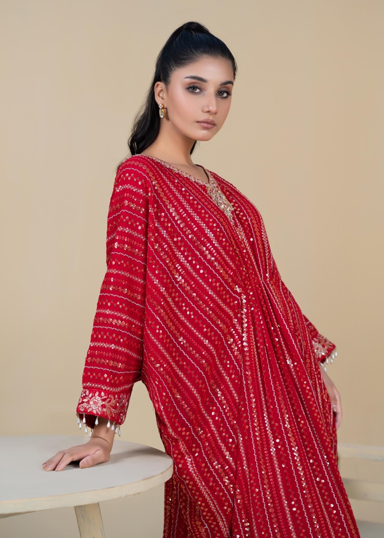 Red Embroidered Chiffon Kaftan (1-Pc) - Image 2