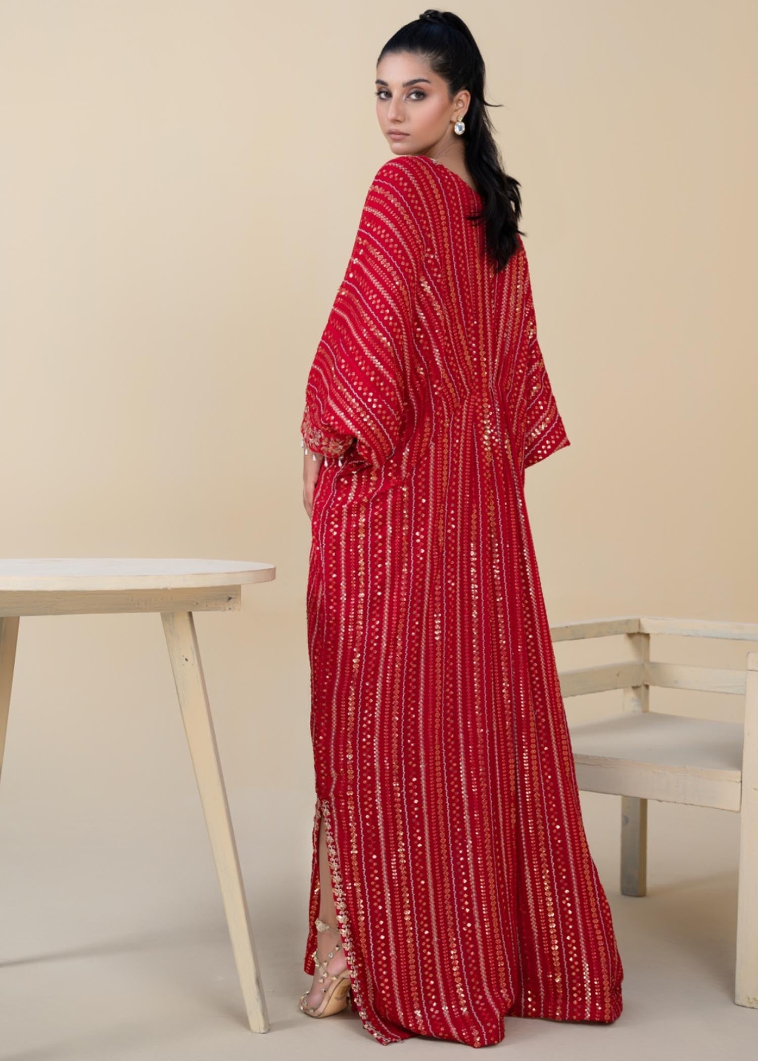 Red Embroidered Chiffon Kaftan (1-Pc) - Image 4
