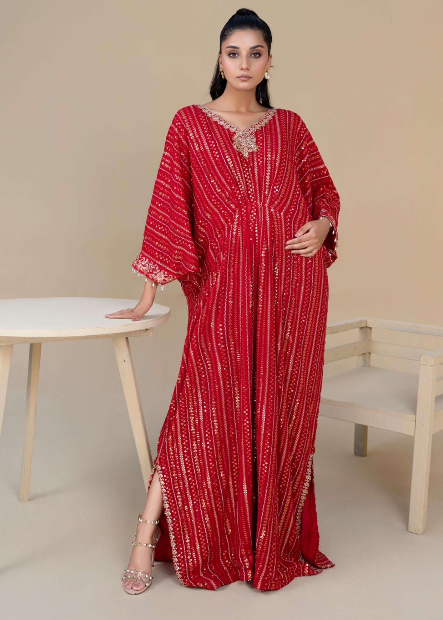 Red Embroidered Chiffon Kaftan (1-Pc) - Image 5