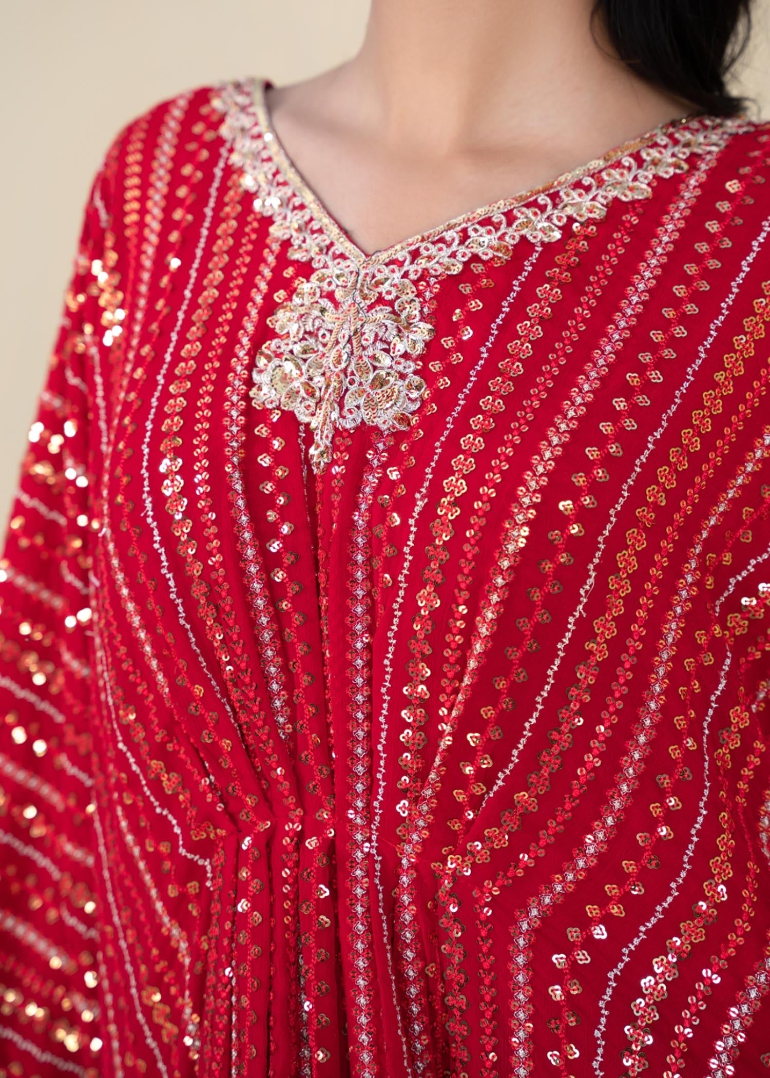 Red Embroidered Chiffon Kaftan (1-Pc) - Image 6