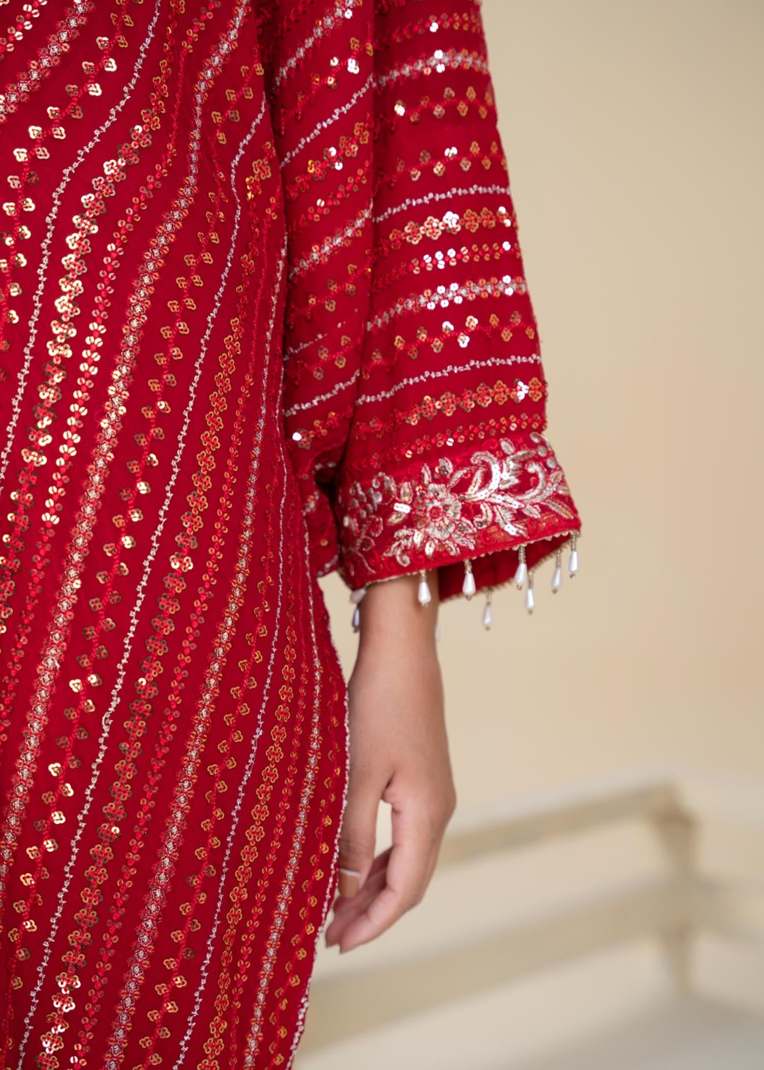 Red Embroidered Chiffon Kaftan (1-Pc) - Image 9