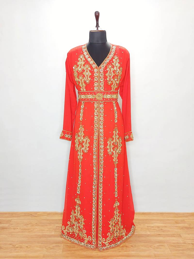 Pakistani Red Embroidered Georgette Moroccan Kaftan (2-Piece) - Image 1