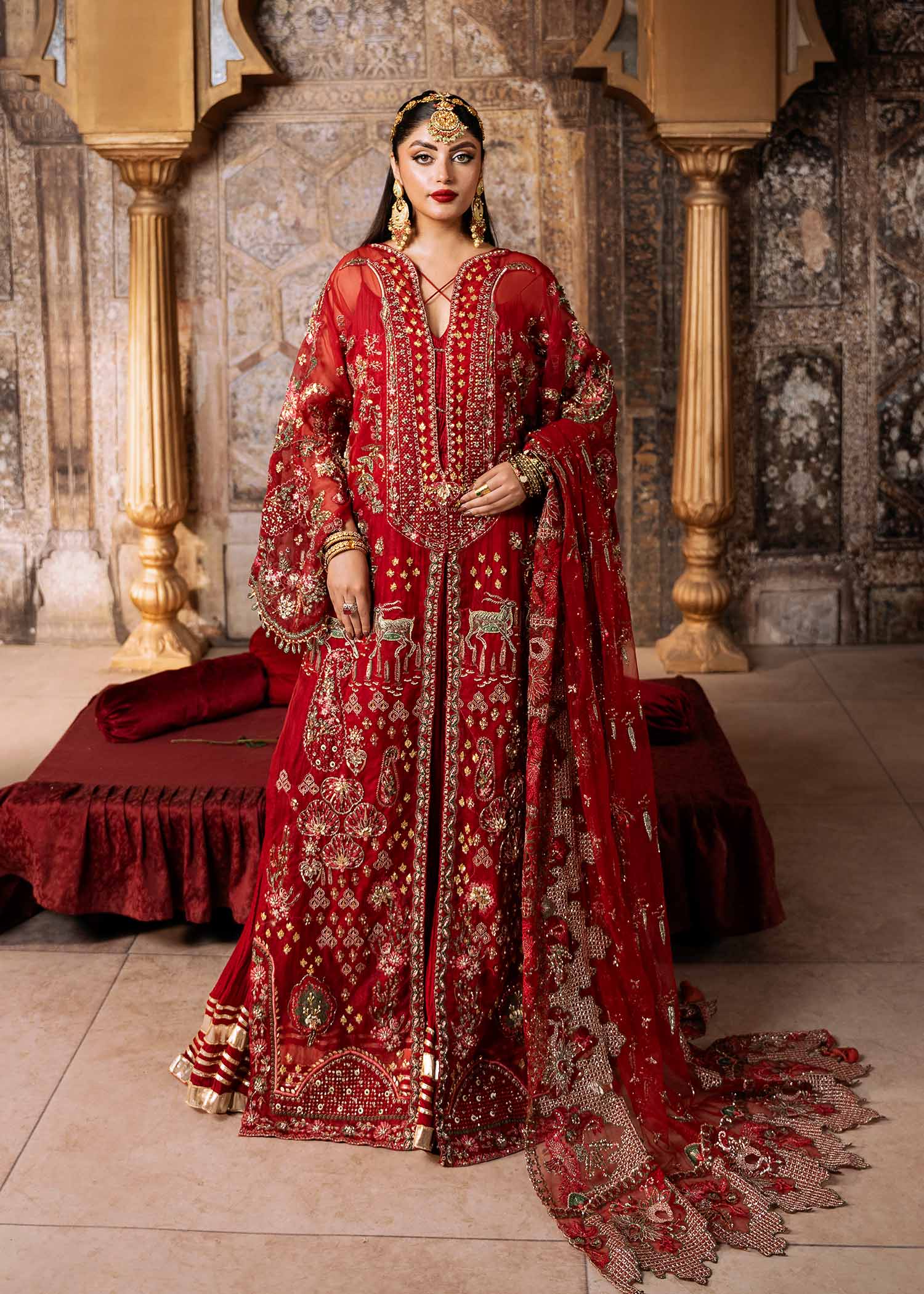 Red Embroidered Organza Kaftan Dress (3-Piece) - Image 1