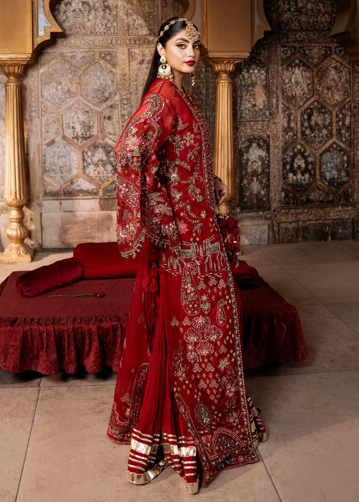 Red Embroidered Organza Kaftan Dress (3-Piece) - Image 2