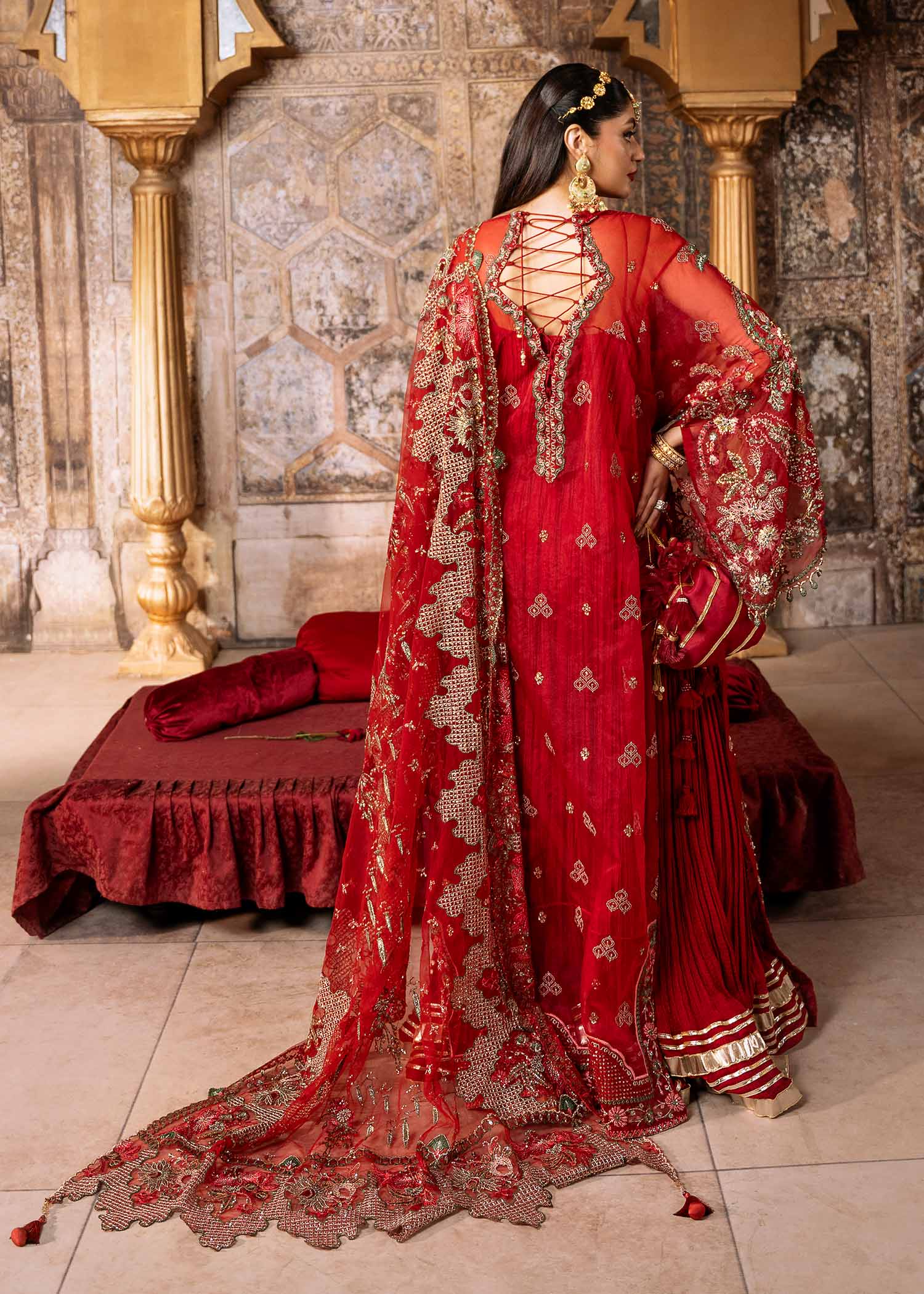 Red Embroidered Organza Kaftan Dress (3-Piece) - Image 3