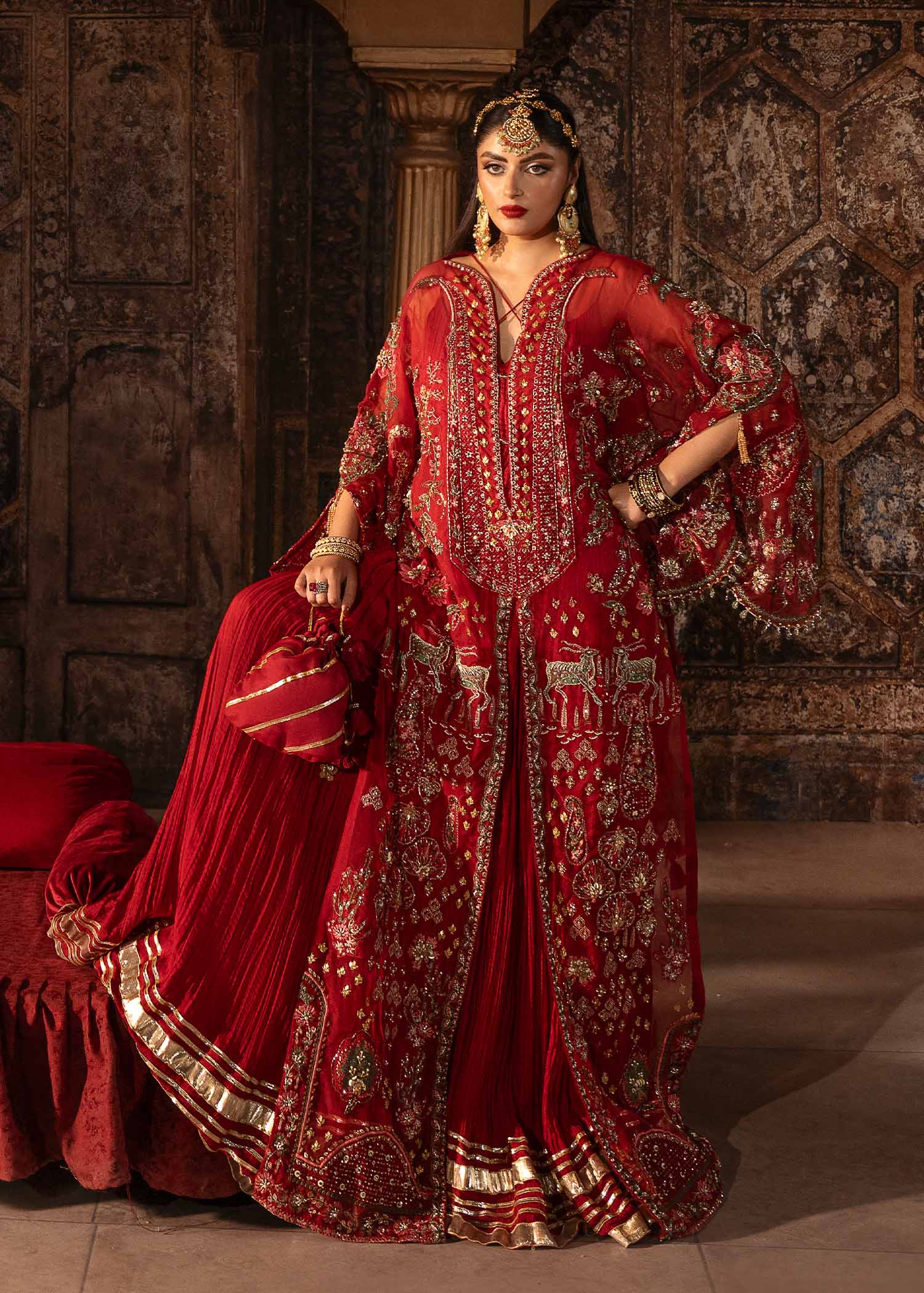Red Embroidered Organza Kaftan Dress (3-Piece) - Image 5