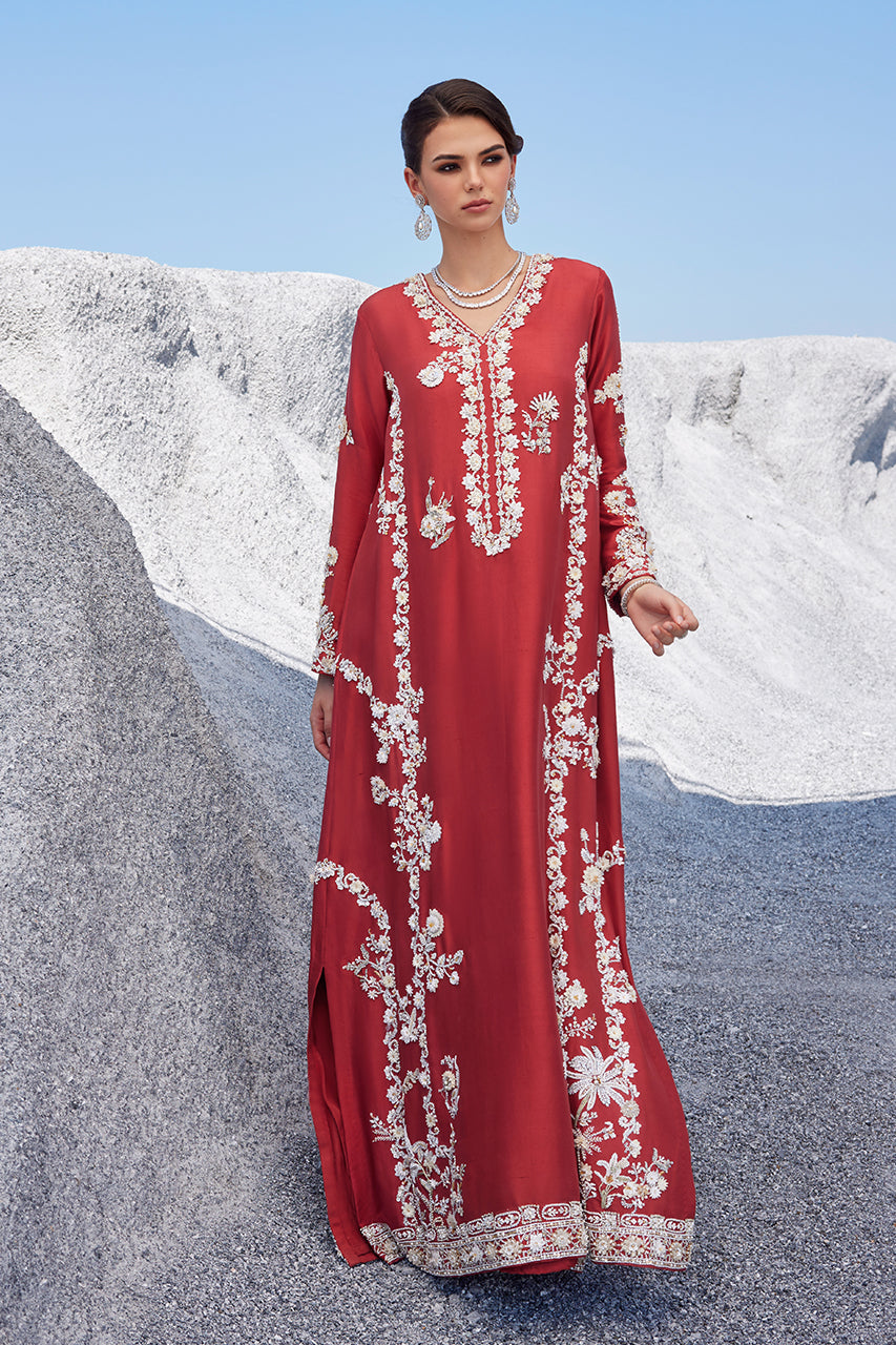 Pakistani Brick Red 3D Embroidered Raw Silk Kaftan (2-Piece) - Image 1