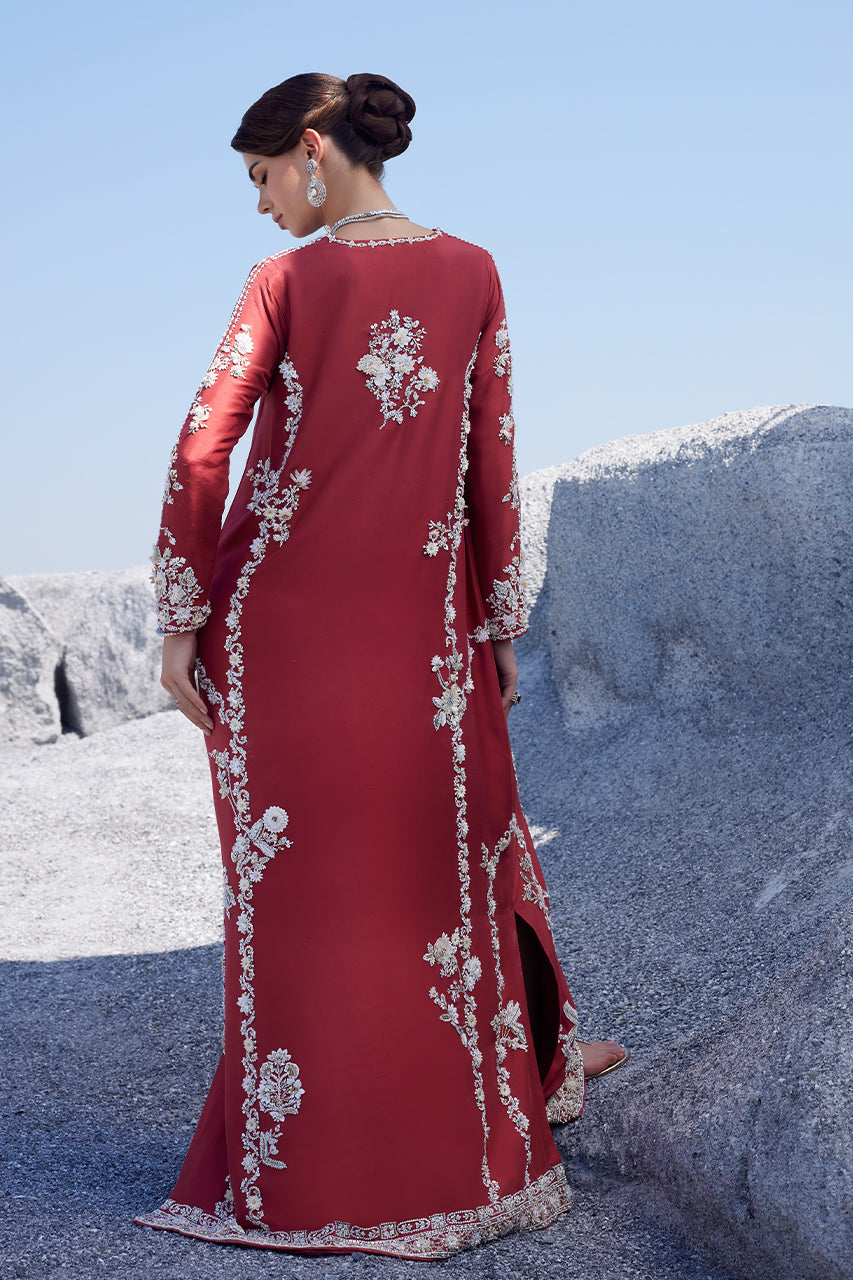 Pakistani Brick Red 3D Embroidered Raw Silk Kaftan (2-Piece) - Image 2