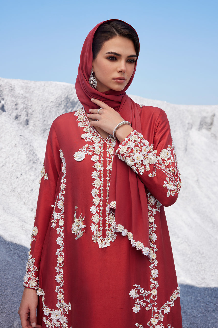 Pakistani Brick Red 3D Embroidered Raw Silk Kaftan (2-Piece) - Image 3