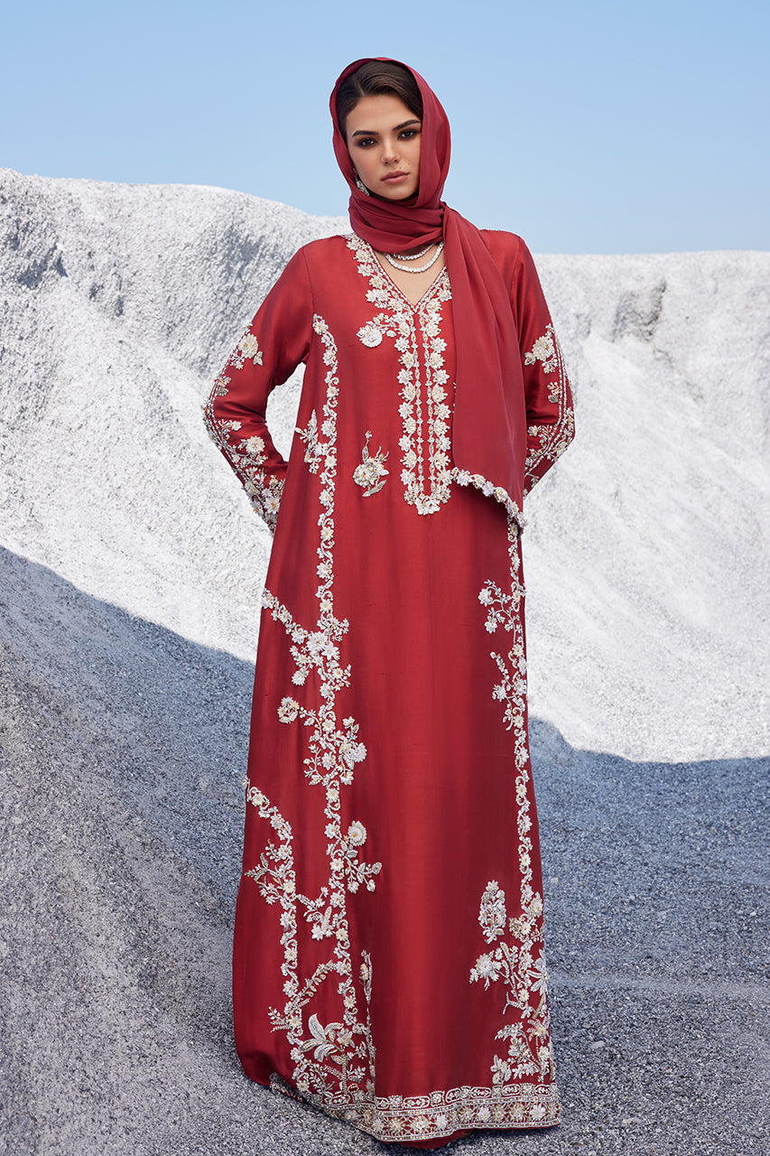 Pakistani Brick Red 3D Embroidered Raw Silk Kaftan (2-Piece) - Image 4