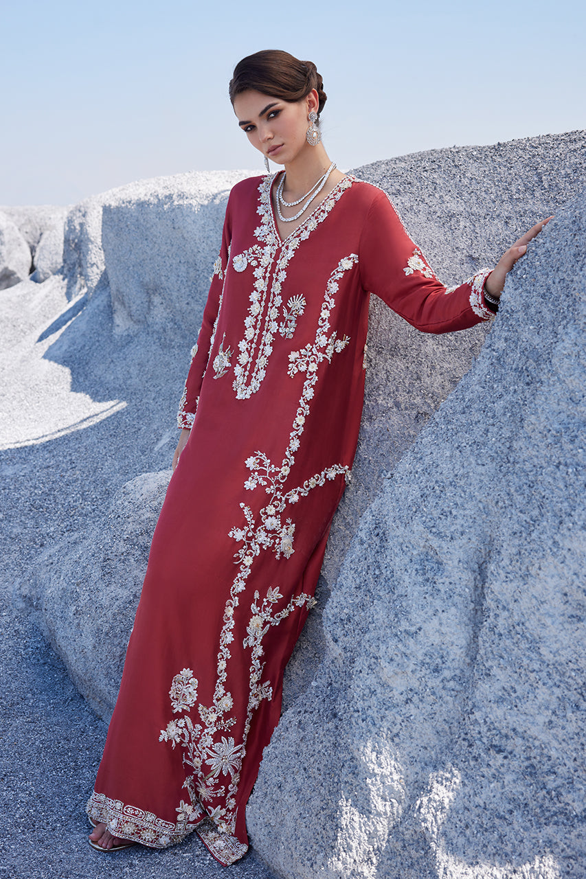 Pakistani Brick Red 3D Embroidered Raw Silk Kaftan (2-Piece) - Image 5