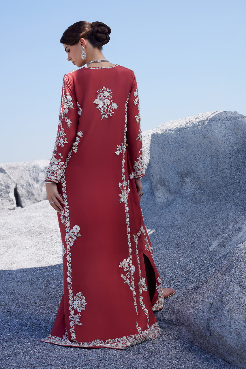 Pakistani Brick Red 3D Embroidered Raw Silk Kaftan (2-Piece) - Image 7